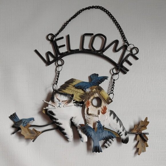 ADORABLE Cat Welcome Sign with Blue Jays - Picture 1 of 3